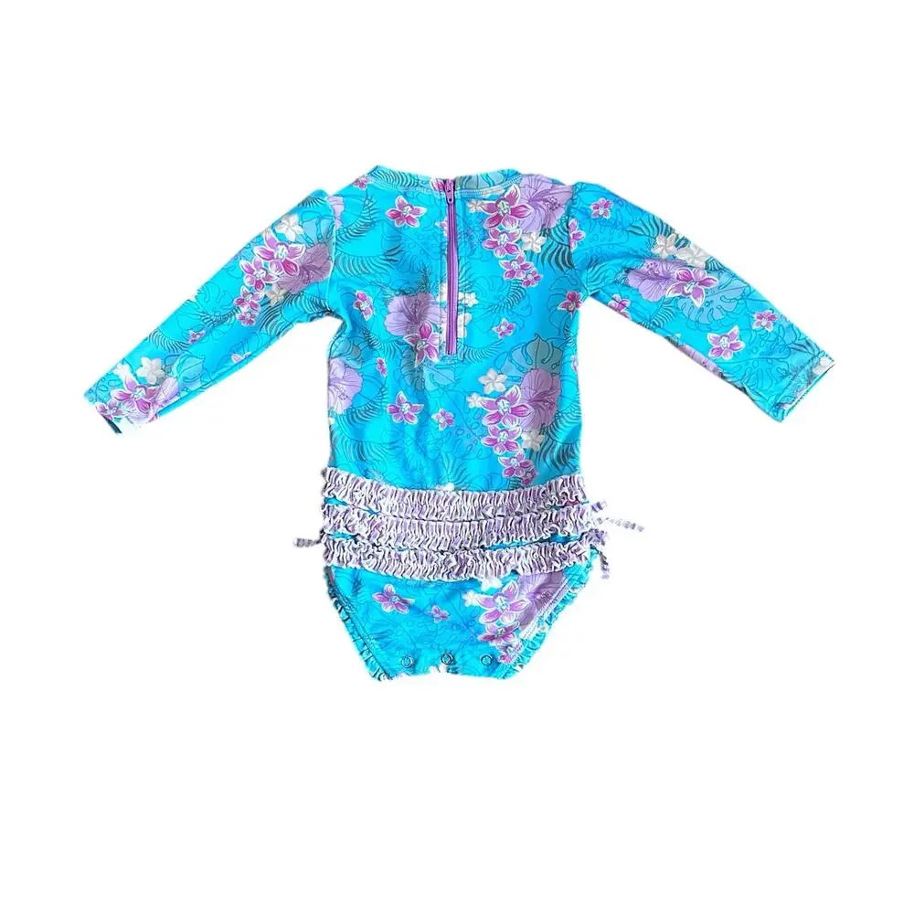 RuffleButts Orchid Oasis One Piece Rash Guard Long Sleeve Swimsuit Sz 18-24m